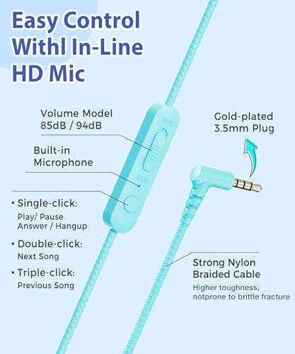 rockpapa Kids Headphones, Wired Headphones for Kids with Microphone, 85/94dB Volume Limiter Head Phones for Girls Boys, Foldable Headphone for School Tablet Laptop Blue Green - color: Blue Green