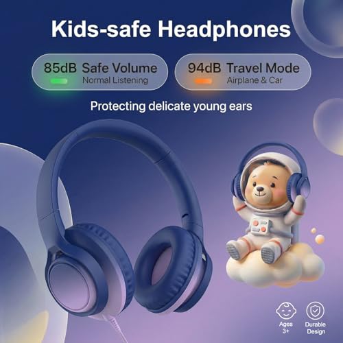 Kids Headphones Wired with Microphone, 85/94dB Volume Limit, 3.5mm Jack & USB-C Adapter, Foldable Over Ear Headset for School, Tablet, iPad, Laptop, Travel (Midnight Blue) - color: Gradient Midnight Blue