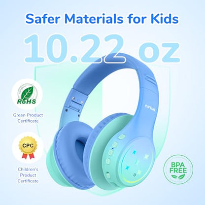 EarFun K4 Kids Bluetooth Headphones, Wireless Headphones with LED Lights | 74/85/94dBA Volume Limited, Built-in Mic, 90H Playtime, Bluetooth 5.4 Over Ear Headphone for iPad/Tablet/PC/School, Green - color: Green