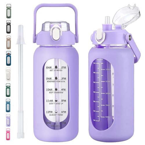 64oz Glass Water Bottles with Straw, Half Gallon Motivational Glass Bottle with Silicone Sleeve and Time Marker, 2L Leakproof Large Glass Water Jug for Gym Home Office, Purple - color: Purple, size: 64 Ounces
