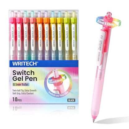 WRITECH Retractable Gel Ink Pens: 0.5mm Black-Ink Switch Between Silent and Clicky Soft Grip Fine Point Pen for Journaling Smooth Writing Quick-dry No Bleed 10ct - color: Black-A