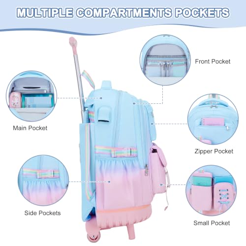 Scothen Rolling Backpack for Girls, Girls Backpack Set with Lunch Box & Pencil Pouch for Teen Girl Kids Children Elementary Middle School, Bookbag Daypack Laptop Travel Backpack with Wheels - color: Blue Purple