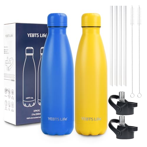 Insulated Water Bottle, 17oz Stainless Steel Water Bottles with straw lid, Metal Sports Water Bottles for Boys,Girls, Double Wall Vacuum BPA-Free Flask for School, Sports (Sea Blue & Yellow) - color: Sea Blue & Yellow, size: 17 Ounces