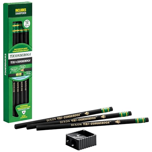 Ticonderoga Tri-Conderoga Triangular Pencils, Wood-Cased #2, Sharpener, Soft Touch Comfort Barrel, Black, 12-Pack (22500)