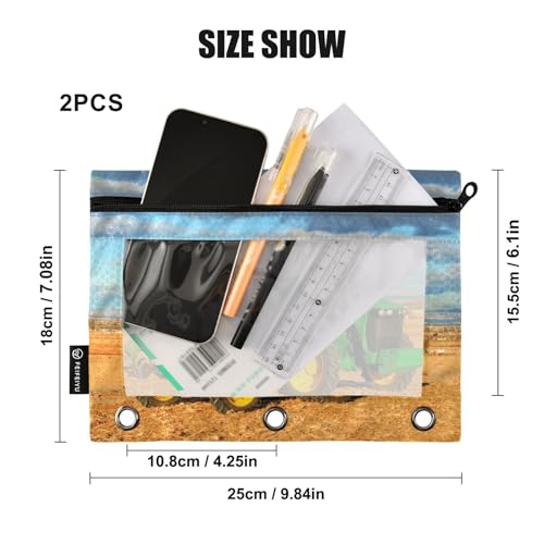 Tractor Pencil Pouch for 3 Ring Binder, Binder Pencil Pouches with Clear Window Zipper Pencil Case for Office College Supplies, 2PCS (B0307) - color: B0307