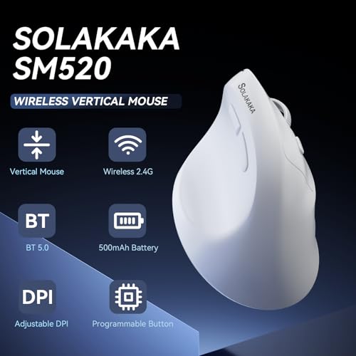 SOLAKAKA SM520 Ergonomic Mouse with 24000 DPI, Vertical Mouse with Programmable Side Button, Wireless Mouse with Tri-Mode Connection - BT5.0/USB-C/2.4GHz, for Desktop, PC, Laptop (White) - color: white