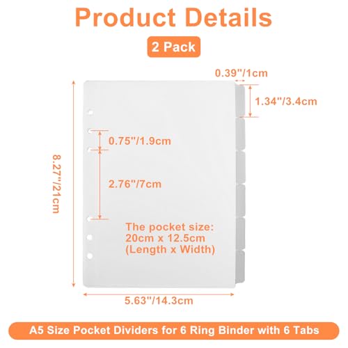 2 Pack A5 Pocket Dividers for 6 Ring Binder with 6 Tabs, Clear Side Open Organizer Sleeves for Cash, Cards, Photos - size: A5