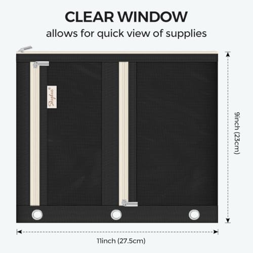 SKYDUE Pencil Pouch for 3 Ring Binder, 3 Compartment Zipper Pencil Case, Large Capacity Pen Organizer with Clear PVC Window for School Supplies, Students, Kids & Teachers - color: Black