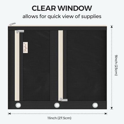 SKYDUE Pencil Pouch for 3 Ring Binder, 3 Compartment Zipper Pencil Case, Large Capacity Pen Organizer with Clear PVC Window for School Supplies, Students, Kids & Teachers - color: Black