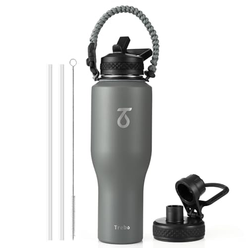 Trebo 40 oz Water Bottle Insulated Fit in Any Car Cup Holder with 2 Lids, | Stainless Steel T-shape Tumbler with Paracord Handle, Triple Wall Vacuum Copper Plated, Cold 48 Hrs for Travel, Wide Mouth - color: Gray, size: 40 Ounces