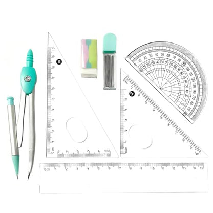 Protractor and Compass Set for School,Geometry Set,Compass Geometry Tool,7P Metal Compass Ruler Eraser Replacement Leads Blue