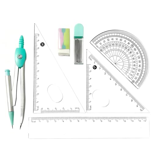 Protractor and Compass Set for School,Geometry Set,Compass Geometry Tool,7P Metal Compass Ruler Eraser Replacement Leads Blue