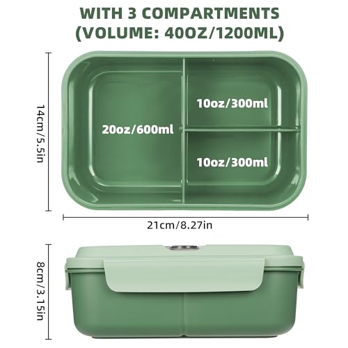 Fanhaw 40 Oz/5 Cup Bento Box for Kids, Men and Women, Lunch Box with 3 Compartments, Utensil, Microwave & Dishwasher Safe (Green) - color: Green