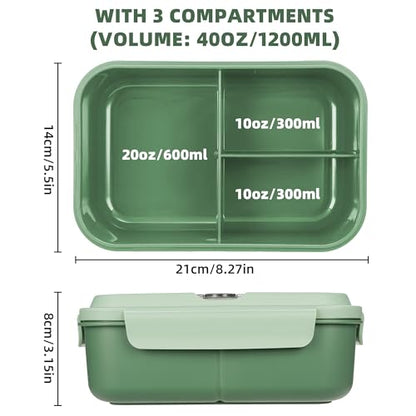 Fanhaw 40 Oz/5 Cup Bento Box for Kids, Men and Women, Lunch Box with 3 Compartments, Utensil, Microwave & Dishwasher Safe (Green) - color: Green