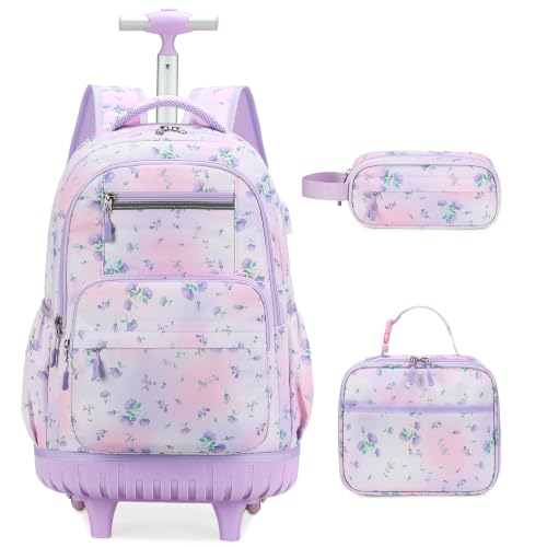 ACESAK Rolling Backpack for Girls - Roller Wheels School bag with Lunch Bag & Pencil Pouch for Teen Girls Kids Wheeled Suitcase Backpacks, Elementary Middle School Travel Daypack (Purple Floral) - color: Purple Floral