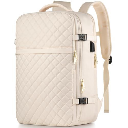 MOMUVO Large Travel Backpack Women, Flight Approved Carry On Backpack, Water Resistant Anti-Theft Large Casual Daypack Fit 17 Inch Laptop with USB Charging Port, Beige - color: Beige, size: 17.3 inch