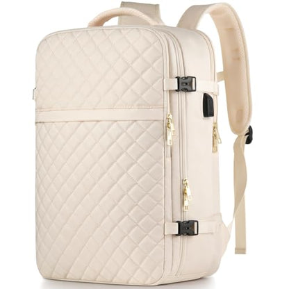 MOMUVO Large Travel Backpack Women, Flight Approved Carry On Backpack, Water Resistant Anti-Theft Large Casual Daypack Fit 17 Inch Laptop with USB Charging Port, Beige - color: Beige, size: 17.3 inch