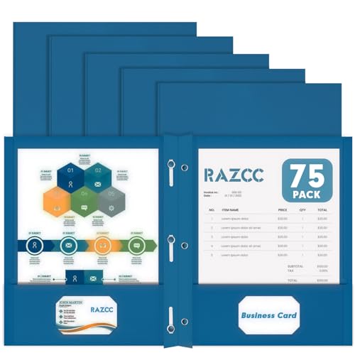 Two Pocket Folders, RAZCC 75 Pack Two Pocket Folders with Prongs, 3 Prong Folders Fit Letter Size Paper, Pocket File Folders for School Office Home Business, Dark Blue - color: Dark Blue