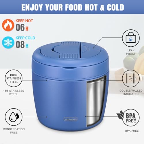 wiwens Thermo Food Jar for Hot Food Adults 32OZ Soup Thermo Lunch Containers Wide Mouth Vacuum Insulated Stainless Steel Leakproof Bento Box with Spoon (Blue) - color: Blue