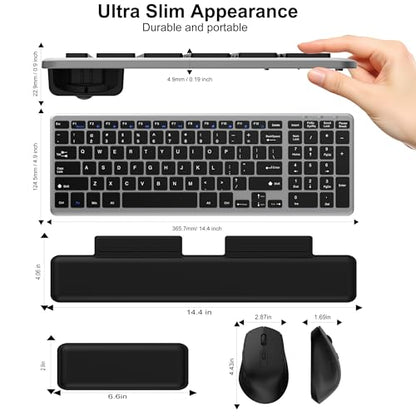 Ultra Slim Quiet Silent Wireless Keyboard and Mouse Combo with Magnetic Wrist Rest, Rechargeable Quiet Full-Size Keyboard and Mouse Combo Set Ultra Slim Design for Computer, Mac, Laptop, PC