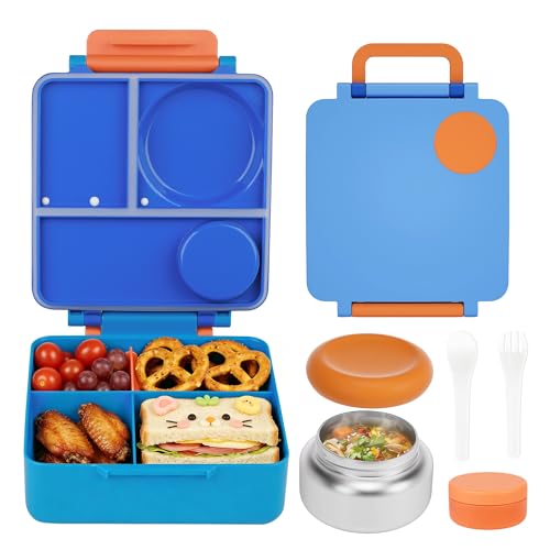 FOOYOO Bento Lunch Box Set for Kids & Adults, Leakproof 4-Compartment Container with Insulated Stainless Steel Food Jar, Utensils, BPA-Free, Microwave & Dishwasher Safe for School Work Travel（Blue） - color: Blue