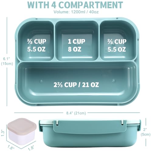 shell and turtle Bento Box Adult Lunch Box, Lunch Containers for Kids Girls Boys with 4 Compartments, Lunchable Food Container with Utensils, Sauce Jar, Muffin Liners, 40 Oz/5 Cup, Light Teal - color: Light Teal