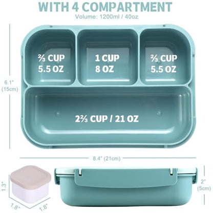 shell and turtle Bento Box Adult Lunch Box, Lunch Containers for Kids Girls Boys with 4 Compartments, Lunchable Food Container with Utensils, Sauce Jar, Muffin Liners, 40 Oz/5 Cup, Light Teal - color: Light Teal