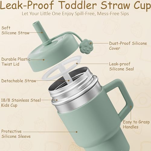 Fimibuke Toddler Tumbler with Handle & Straw, 15 OZ Spill Proof Sippy Cups | Leak Proof Stainless Steel Cups with Lid & Silicone Sleeve, BPA Free Dishwasher Safe Kids Water Bottle for Girl Boy, 2 Packs - color: Berry & Peach