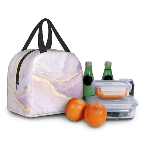 Nerxy Insulated Lunch Bag Woman 8x5x8.5inch Pink Purple Gold Marble Reusable Lunch Box Soft Cooler Tote Bag Men Kids Adults Waterproof Meal Container With Pocket for Work School Travel Office Picnic - color: Marble