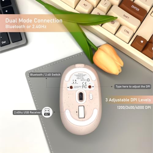 Wireless Mouse (Bluetooth+2.4G) Rechargeable Portable Silent Quiet Computer Mouse with 4000 DPI for Laptop/PC/Mac/MacBook/Chromebook/Surface Pro/iPad/Tablet Ambidextrous (Pink)