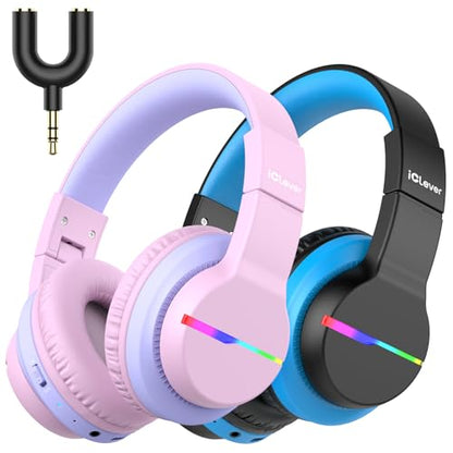 iClever BTH12 Kids Bluetooth Headphones 2 Pack,Colorful LED Lights,74/85dBA Safe Volume,85H Playtime,Bluetooth 5.2,Over Ear Kids Headphones Built-in Mic for iPad/Tablet/Airplane, Pink & Black - color: Pink&Black