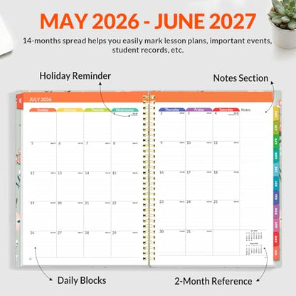 SUNEE Teacher Planner 2026-2027 Academic Year, Lite Lesson Planner Book with 7 Periods Jul 2026 - Jun 2027, 8.5"x11" Daily Weekly and Monthly Organizers, Plan Book with Pocket, Color Tabs, Wildflower - color: Green Wildflower