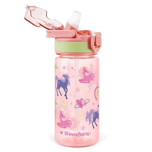 Kids Water Bottle for School, 16 Oz Plastic Straw Water Bottle with Silicone Spout and Leakproof Cover, Dishwasher Safe (Unicorn) - color: Unicorn, size: 16 Ounces