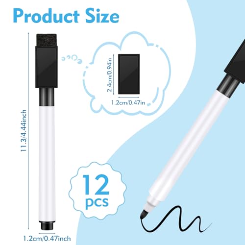 12 Pcs Black Dry Erase Markers, Whiteboard Dry Erase Markers Fine Tip Small Magnetic Dry Erase Marker with Eraser Cap for School, Home, Office Supplies