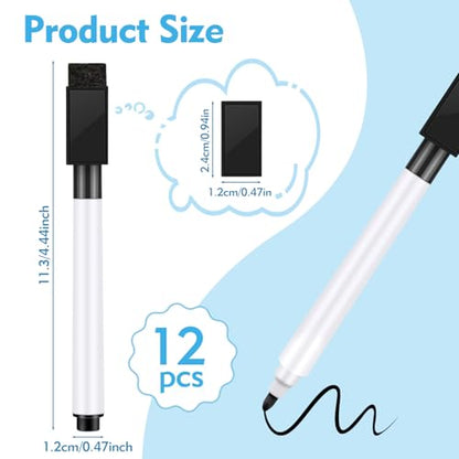 12 Pcs Black Dry Erase Markers, Whiteboard Dry Erase Markers Fine Tip Small Magnetic Dry Erase Marker with Eraser Cap for School, Home, Office Supplies