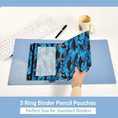2 Pack Pencil Pouch for 3 Ring Binder Ocean Shark Blue Pencil Case Pouch with Clear Window Zipper Binder Pencil Pouches Pen Bag for Office School Supplies - color: Ocean Shark Blue