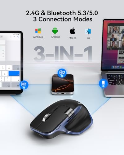 TECKNET Wireless Mouse, Bluetooth Mouse (BT5.3/5.0 & 2.4G) Rechargeable Ergonomic Optical Mouse with 6 Adjustable DPI, Side Scroll, USB A Receiver, 7 Buttons, Wide Compatibility - Black & Blue - color: Black & Blue