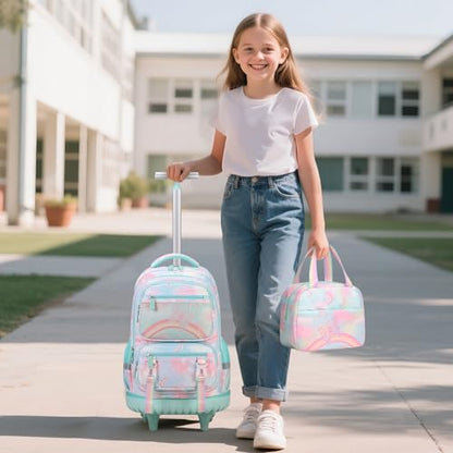 Scothen Rolling Backpack for Girls, 3PCS Roller School Backpacks for Girls with Lunch Bag and Pencil Pouch, Kids Bookbag Schoolbag with Wheels for Teen Girl Kindergarten Elementary Middle School - color: Green