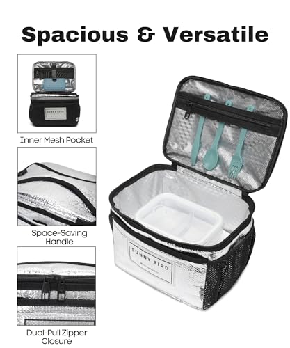 SUNNY BIRD Insulated Leakproof Lunch Bag, Thermally Insulated, Shoulder Strap for Women, Men and Teen (Silver Black) - color: Silver Black