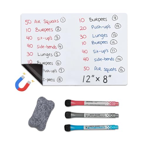 12x8 Inch Magnetic Whiteboard for Refrigerator with Black, Red and Blue Fine Tip Dry Erase Markers with Built in Dry Erasers for Grocery List/Weekly Menu/to Do & Family Notes Planner