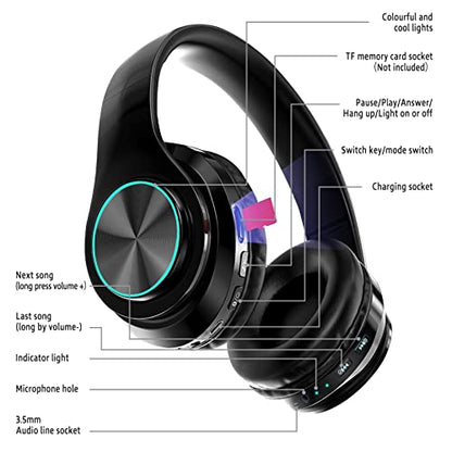 2022 Wireless Bluetooth Headphones,Colorful LED Lights Comfort Over Ear Foldable Headset with Built-in Microphone,FM,SD Card Slot,Wired for School/Tablet Computer/PC/TV/Cellphones/Travel - color: Black