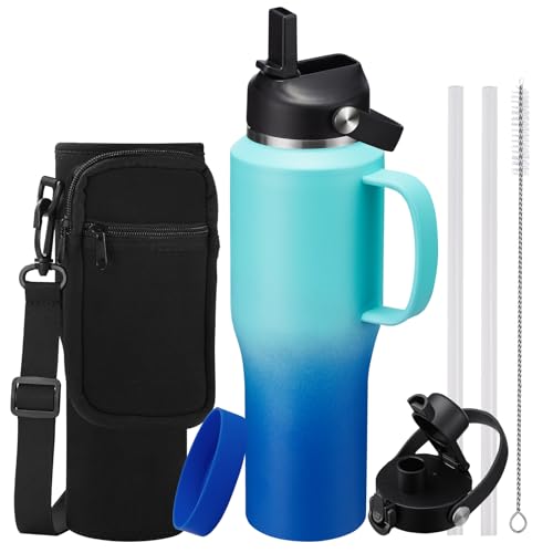 32oz Insulated Water Bottle - with Straw & Spout Lid, Strap Carrier Bag, Cold-48H & Hot-24H, Stainless Steel Travel Tumblers with Handle, Reusable Slim Water Bottle that Fits in Cup Holder - color: Mint&Cobalt, size: 32 ounces with handle