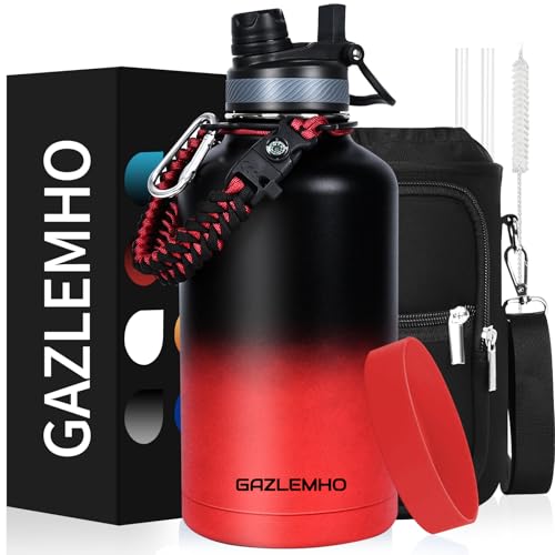 GAZLEMHO Insulated Water Bottle 64 oz, Half Gallon Water Jug Cold 48H, BPA Free Stainless Steel Bottles with Straw/Chug 2-in-1 Lid, Bag, Paracord Handle, Silicone Boot, Sports Gym School Metal Flask - color: Ice Coke, size: 64 Ounces