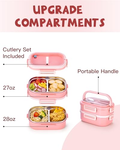 Lille Home Stackable Lunch Box, 2 Tier Stainless Steel Bento Lunch Box, 56oz Large Capacity Leakproof Lunch Containers, 4-Compartment Lunch Box with Utensils for Meal Prep, Work, Picnic(Pink) - color: 2 Tier-Pink