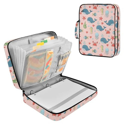 3-Hole Ring Binder Organizer Bag with 7-Pocket Accordion Divider Cute Sea Animals Whales Document Storage Bag with Mesh Storage Pouch