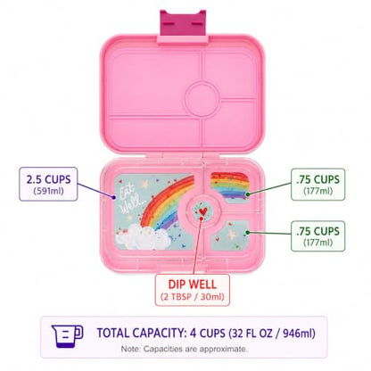 Yumbox Tapas Leakproof Bento Box, 4 Compartments, Capri Pink | Sandwich-Friendly | Large 4.2-Cup Capacity | Built-In Dip Well | Removable Compartment Tray | Ideal for Teens & Adults - color: Capri Pink Rainbow
