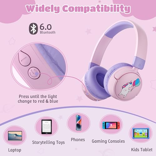 Kids Headphones Bluetooth for Girls, Toddler Headphones Wireless for School | 85/95dB Volume Limited, 50H Playtime, Bluetooth 6.0, Built in Mic, Fast Charging for Tablet, iPad, Cellphone - color: Pink