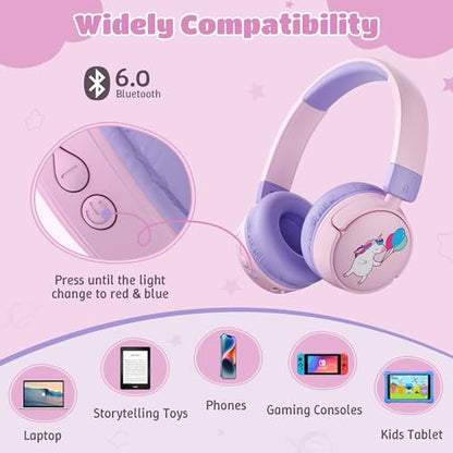 Kids Headphones Bluetooth for Girls, Toddler Headphones Wireless for School | 85/95dB Volume Limited, 50H Playtime, Bluetooth 6.0, Built in Mic, Fast Charging for Tablet, iPad, Cellphone - color: Pink