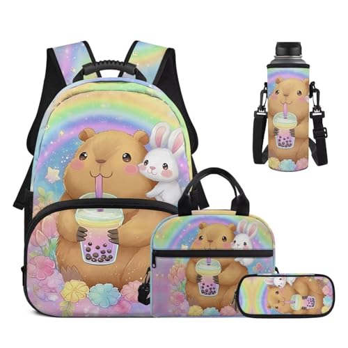 Girls Cute Capybara 4 in 1 Backpack Set - Bunny Print Kids Elementary School Bookbag with Insulated Lunch Box, Pencil Case & Water Bottle Holder - color: Cute Capybara