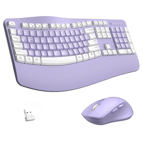 Wireless Keyboard and Mouse Combo,2.4G Full Size Wave Keys Ergonomic Keyboard with Wrist Rest for Natural Typing, 3 DPI Adjustable Ergonomic Mouse for Computer/Laptop/Windows/Mac (Purple & White-A) - color: Purple & White-A